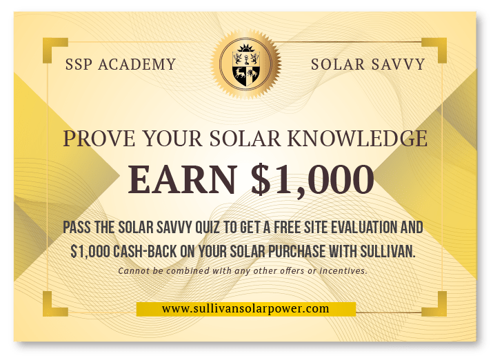 Illustration of solar power academy diploma with solar savings coupon