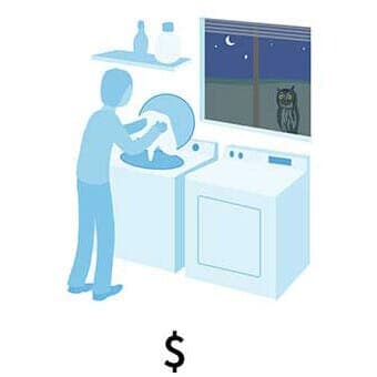 Illustration of person doing laundry indicating time of use energy cost during the night