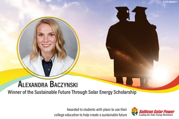 Ms. Alexandra Baczynski smiling with colorful Sullivan Solar Power scholarship program graphics