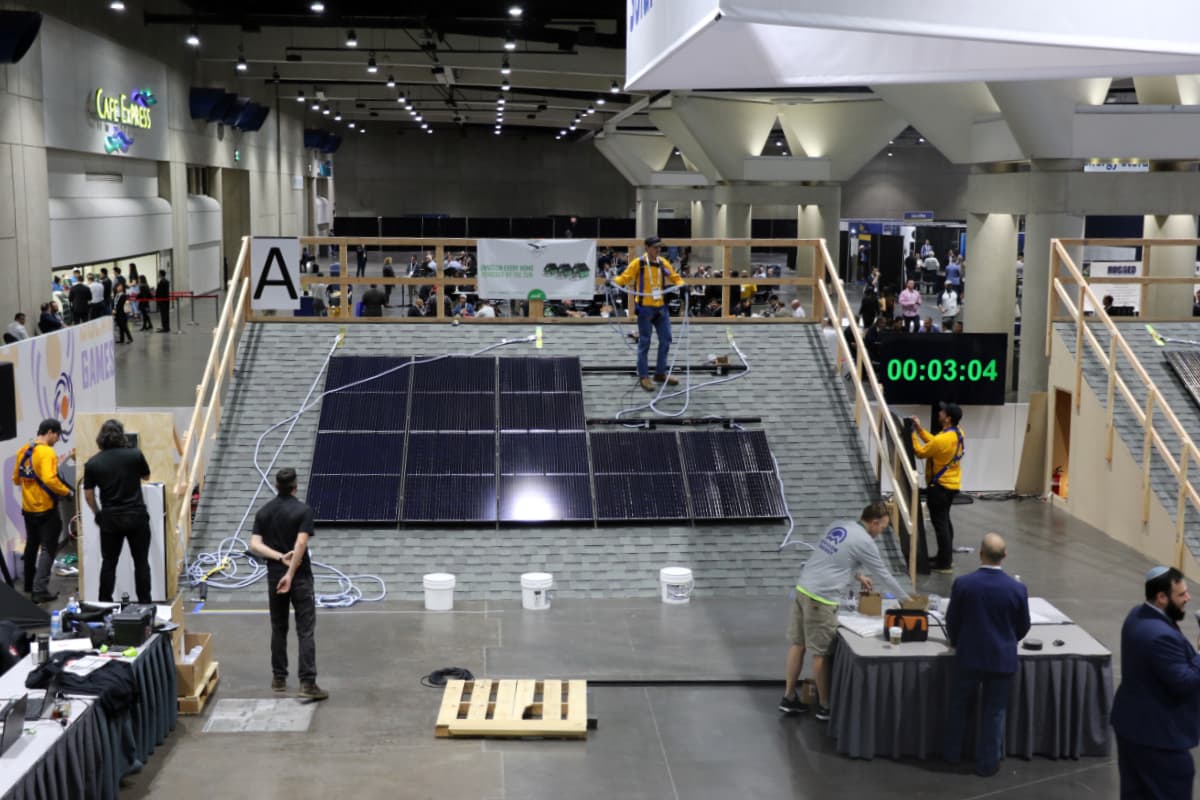 Photo of solar power installation during competition at indoor convention center