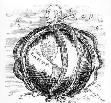 Cartoon depicting Rockefeller head with tentacles wrapped around planet Earth