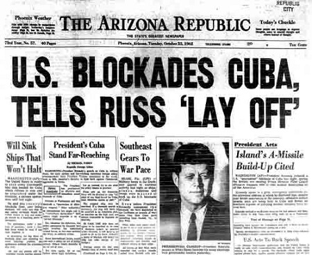 Black and white image of The Arizona Republic newspaper headline of US Cuba Blockade