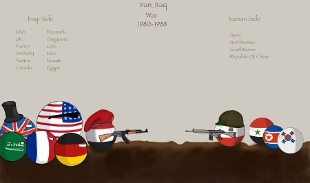 Illustration of several countries pointing weapons at one another involved representing the Gulf War