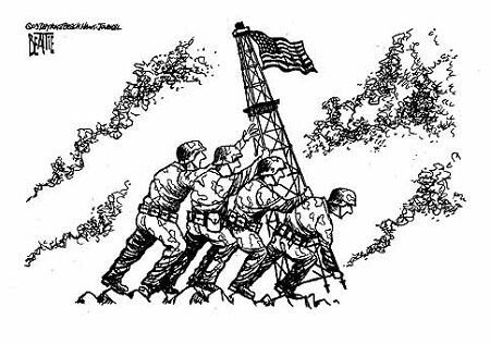 Cartoon depicting US troops mounting the American flag on oil rig instead of a flag pole