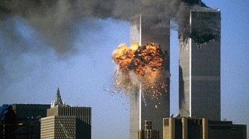 Photo of plane exploding after crashing into the World Trade Center twin towers