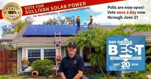 Photo with overlaying call to action to vote for Sullivan Solar Power as San Diego’s top solar power company of 2016