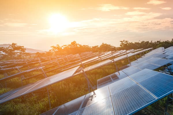 Sun shining over array of solar panels at Chernobyl