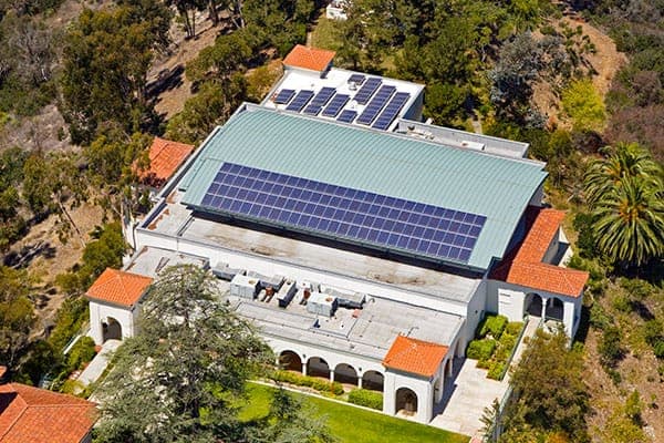 Aerial photo of solar array installed at Good Shepherd's in San Diego, California