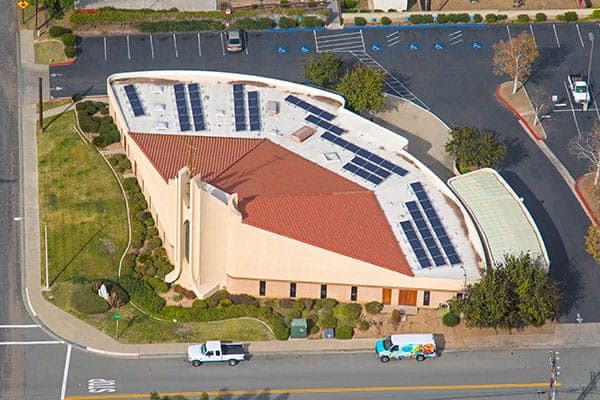 Aerial photo of solar array installed at Immaculate Heart of Mary in San Diego, California
