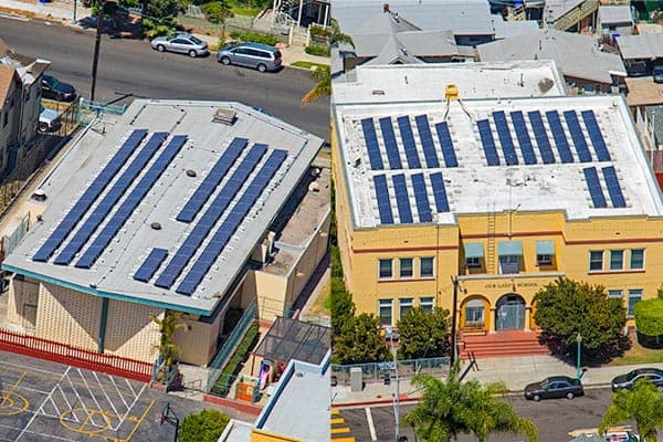 Aerial photo of solar array installed at Our Lady of Angels in San Diego, California