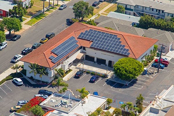Aerial photo of solar array installed at St. Brigid Parish in San Diego, California
