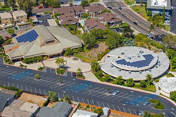Aerial photo of solar array installed at St. Catherine Laboure in San Diego, California