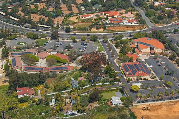 Aerial photo of solar array installed at St. John the Evangelist in Encinitas, California