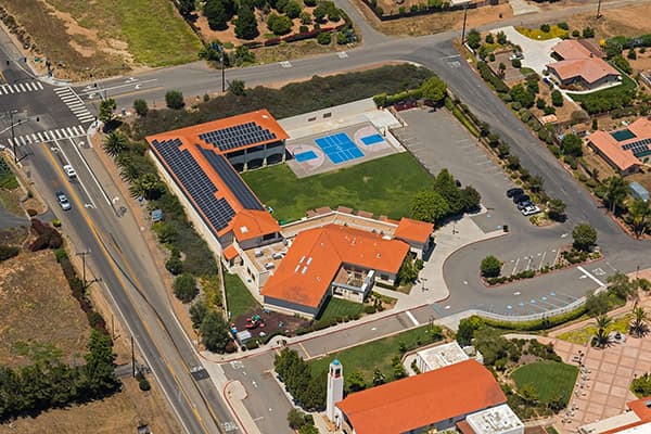 Aerial photo of solar array installed at St. Peter the Apostle's in San Diego, California