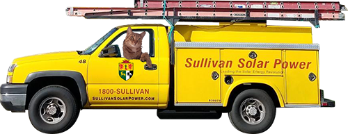 Cat driving a Sullivan Solar Power truck