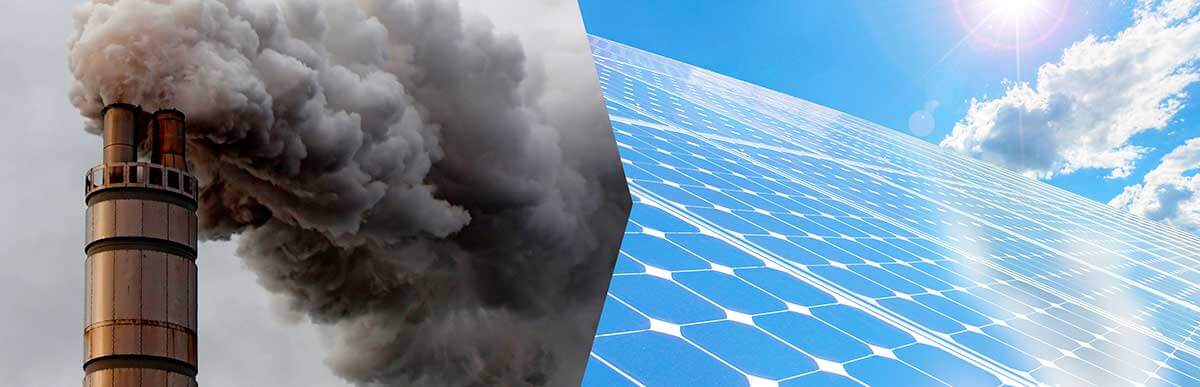 Two photographs displaying the difference between dirty fossil fuel versus clean solar energy