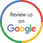 Circle with Google colors with the words Review us on Google written inside the circle