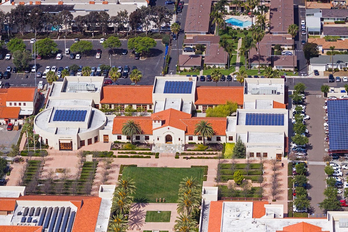 Aerial photo of solar panels on Chula Vista Civic Center rooftops
