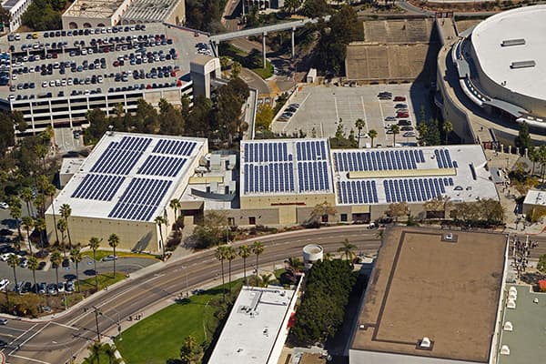 Aerial view of commercial solar power installation