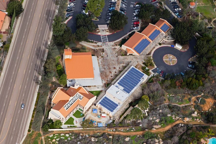 Aerial photo of St. Bartholomew's Church showing roof mounted solar power